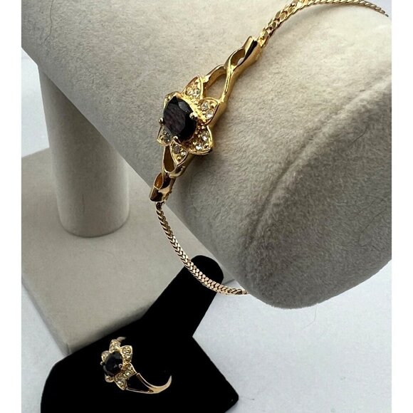 Gold Plated Ring & Bracelet Set With Garnet & Rhinestones.  A22 - Picture 4 of 10